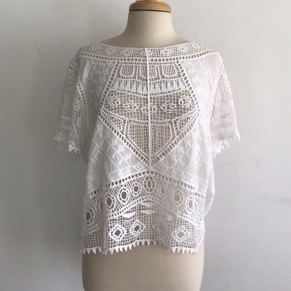 Boho Cottagecore Prairiecore White Crochete ShortSleeve Ultra Pink Crop Top XL - Picture 1 of 9